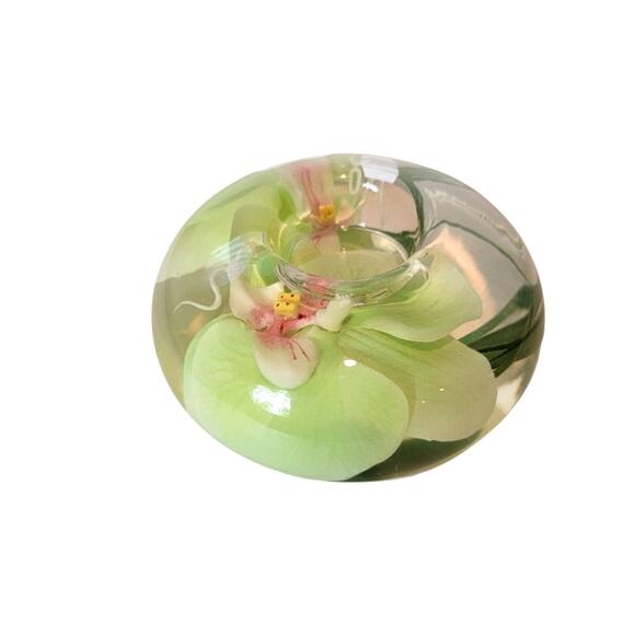 Emilo Robba Glass Orchid Tea Lite Candle Holder Green Glass Floral - Picture 1 of 12